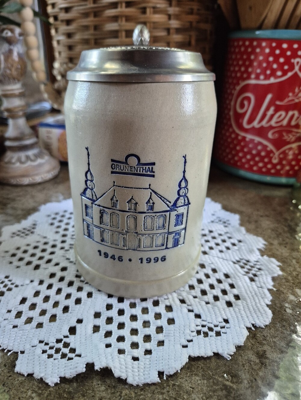 Vintage German Grünenthal Stoneware large Beer Stein with Pewter Lid (1946–1996)
